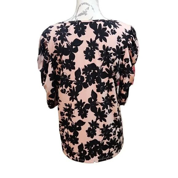 Adrienne Vittadini Ladies Pink & Black Floral Ruched Elbow Sleeve Blouse - Size - Picture 9 of 9